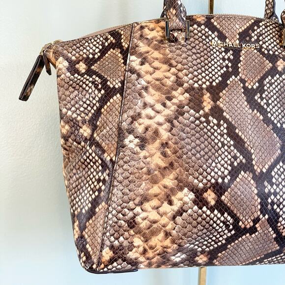 Michael Kors Embossed Leather Snakeskin Python Print Riley Satchel Hand Bag - Picture 12 of 13
